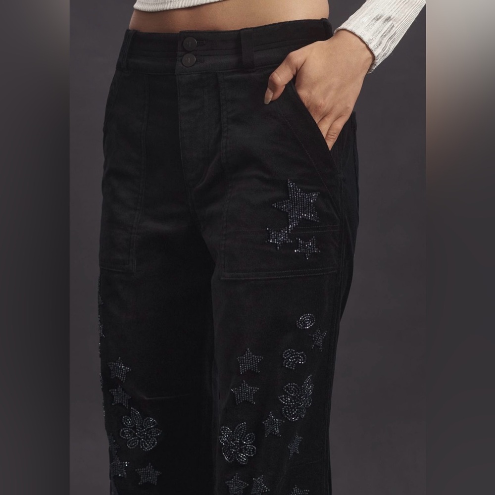 Anthropologie Pilcro Size 28 • The Wanderer Star Black Beaded Velvet Pants. - Picture 2 of 6